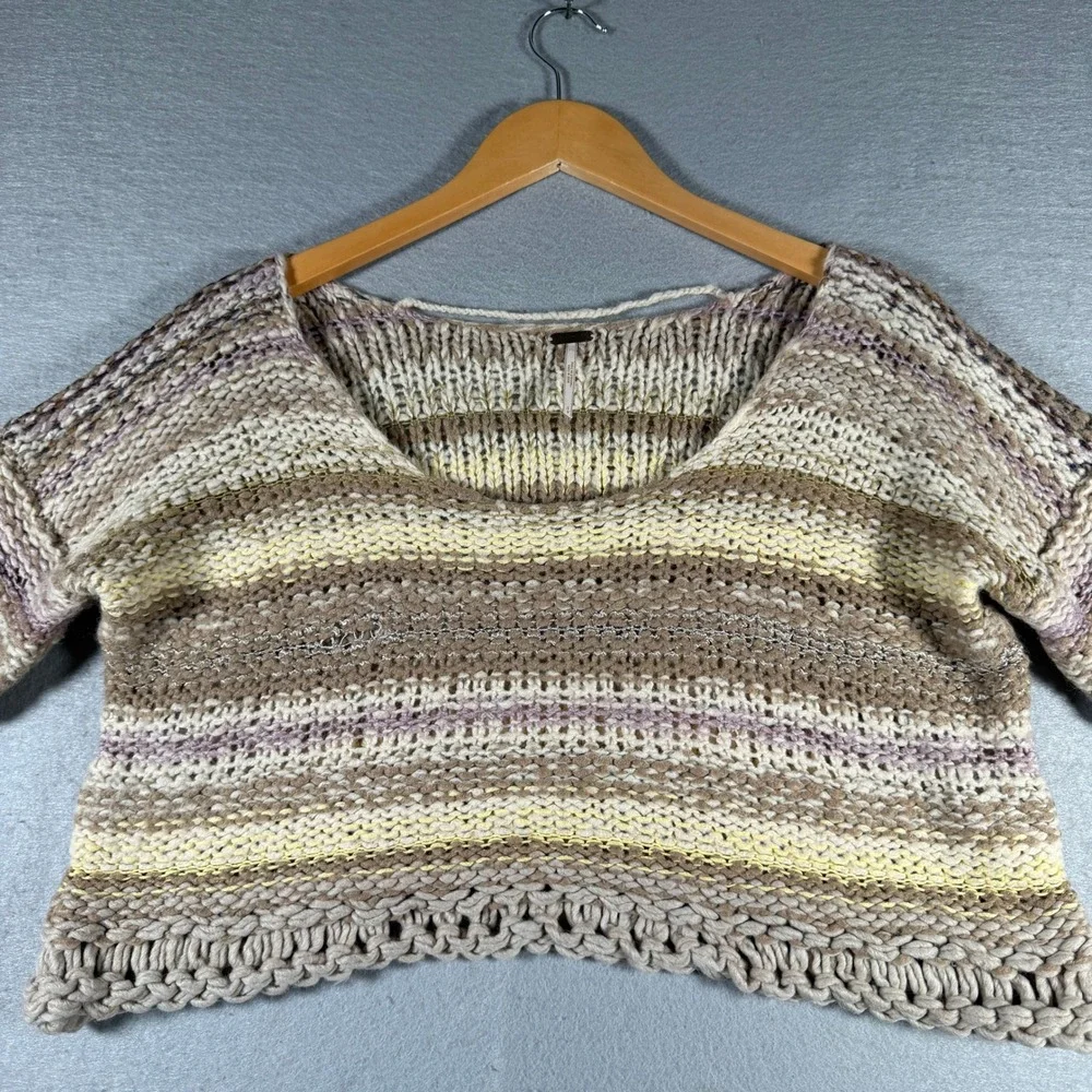 Free People Chunky Knit Striped Cropped Sweater Tan Cream Wool Blend S/P